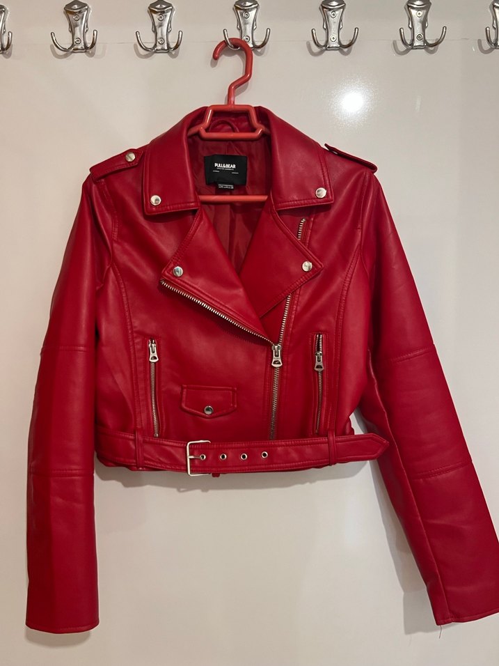 Kemerli Kırmızı Mini Deri Biker Ceket - Görsel 5