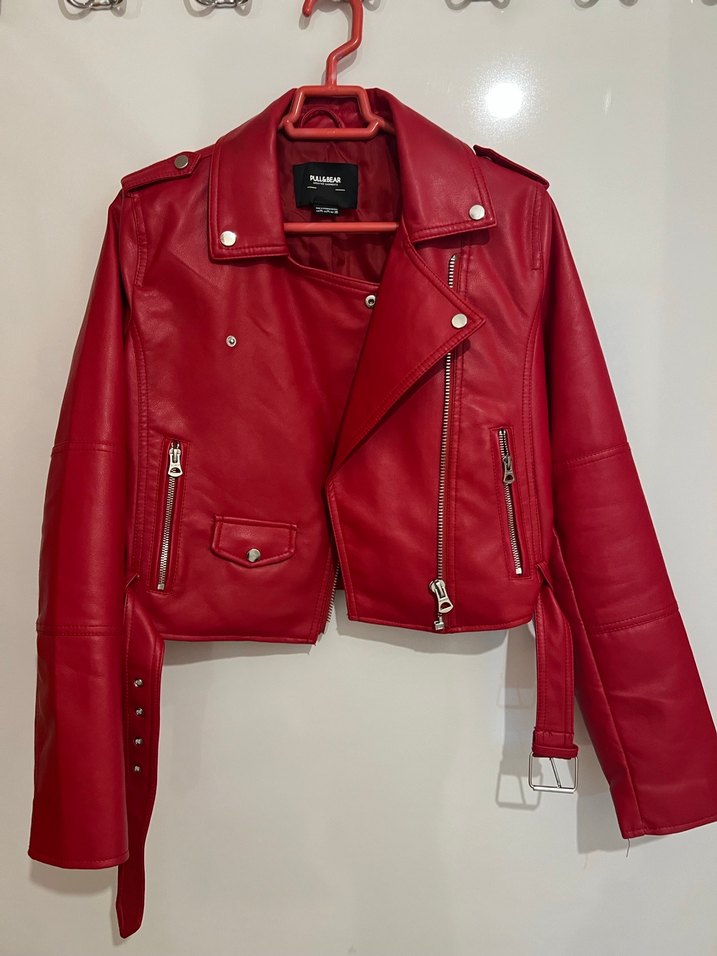 Kemerli Kırmızı Mini Deri Biker Ceket - Görsel 3