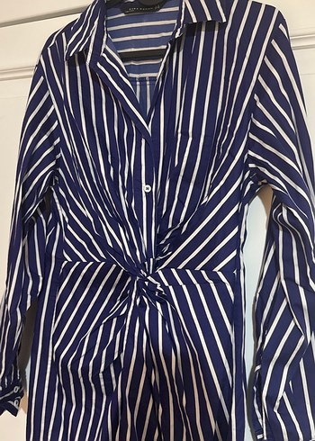 ZARA Çizgili Lacivert Uzun Kollu gömlek elbise - Görsel 2