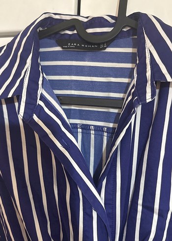 ZARA Çizgili Lacivert Uzun Kollu gömlek elbise - Görsel 3