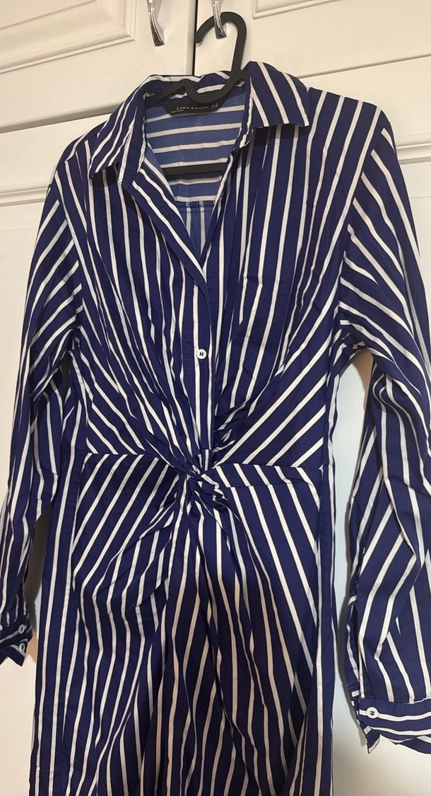 ZARA Çizgili Lacivert Uzun Kollu gömlek elbise - Görsel 2
