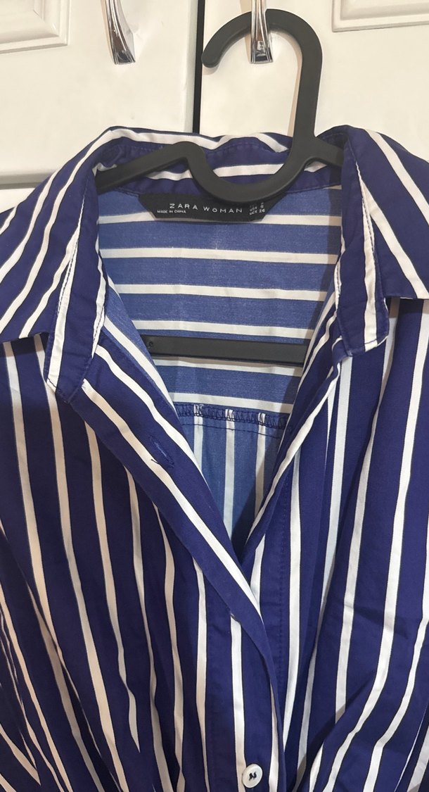 ZARA Çizgili Lacivert Uzun Kollu gömlek elbise - Görsel 3