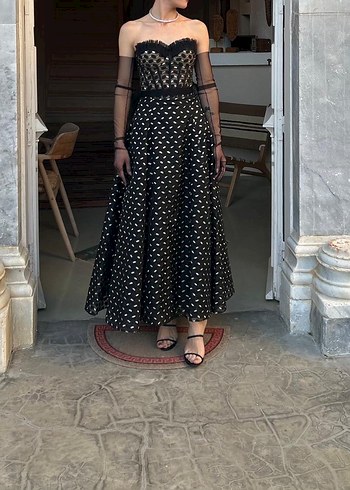 Siyah Straplez Uzun Gotik Abiye Elbise - Görsel 3