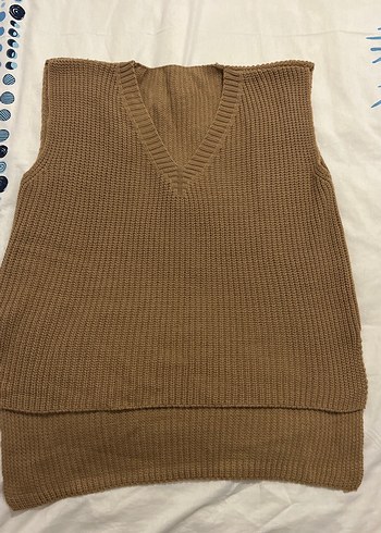 V Yaka Kahverengi Örgü Kadın Süveter - Görsel 2