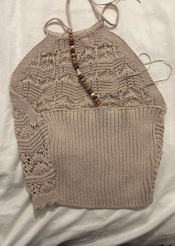 Bohem Tarzı Bej Örgü Kolsuz Kazak - Görsel 2