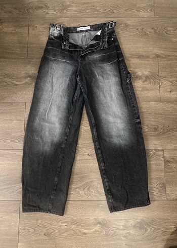 Kemerli Siyah Bol Kesim Midi Kot Pantolon - Görsel 5