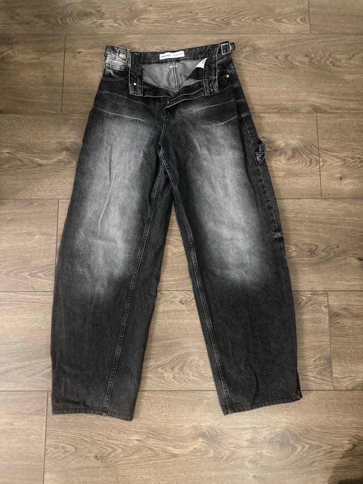 Kemerli Siyah Bol Kesim Midi Kot Pantolon - Görsel 5