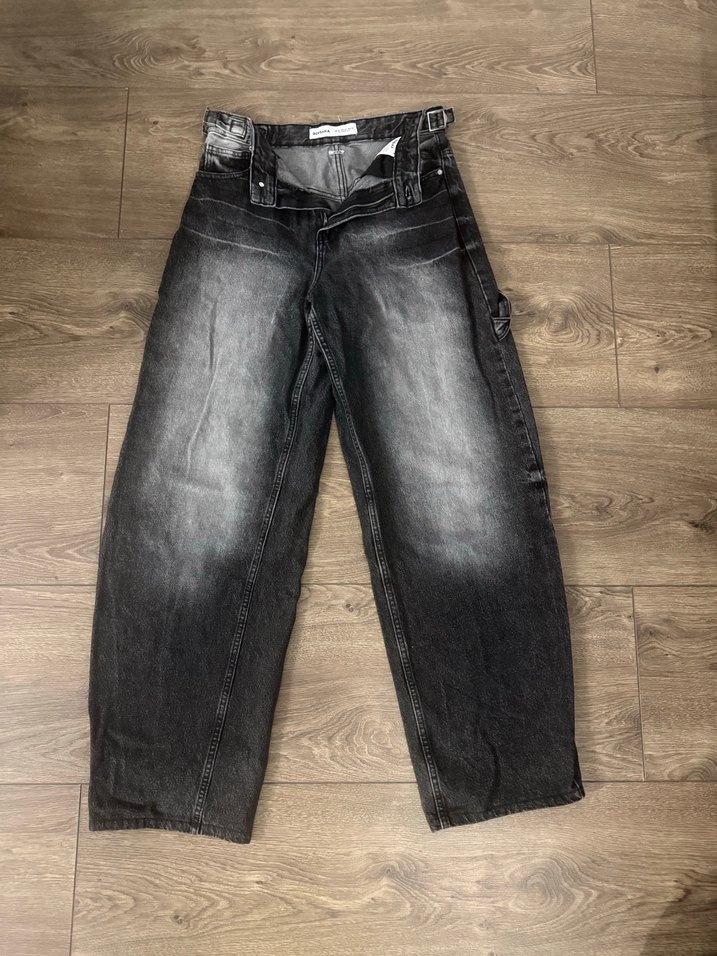 Kemerli Siyah Bol Kesim Midi Kot Pantolon - Görsel 3