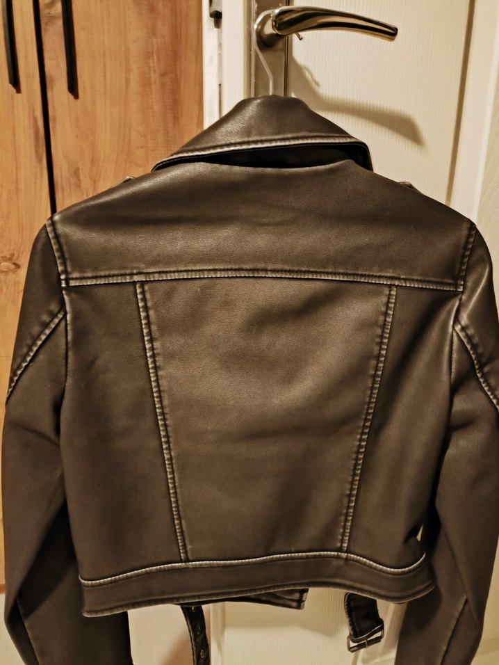 Siyah Deri Biker Ceket, Tokalı, Strappy Kollu - Görsel 3