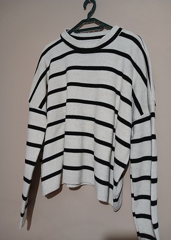 Çizgili Pamuklu Kadın Triko Kazak - Görsel 2