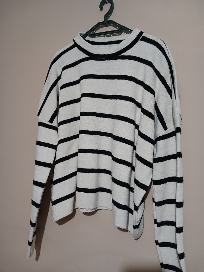 Çizgili Pamuklu Kadın Triko Kazak - Görsel 2