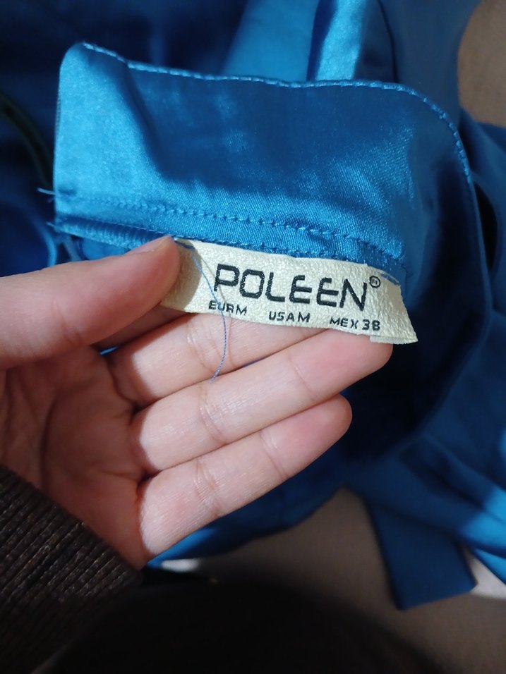 Uzun Kollu Mavi Saten Uzun Elbise - Görsel 5