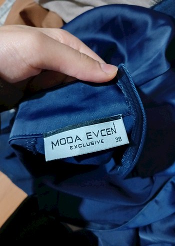 Uzun Kollu Lacivert Saten Uzun Elbise - Görsel 5