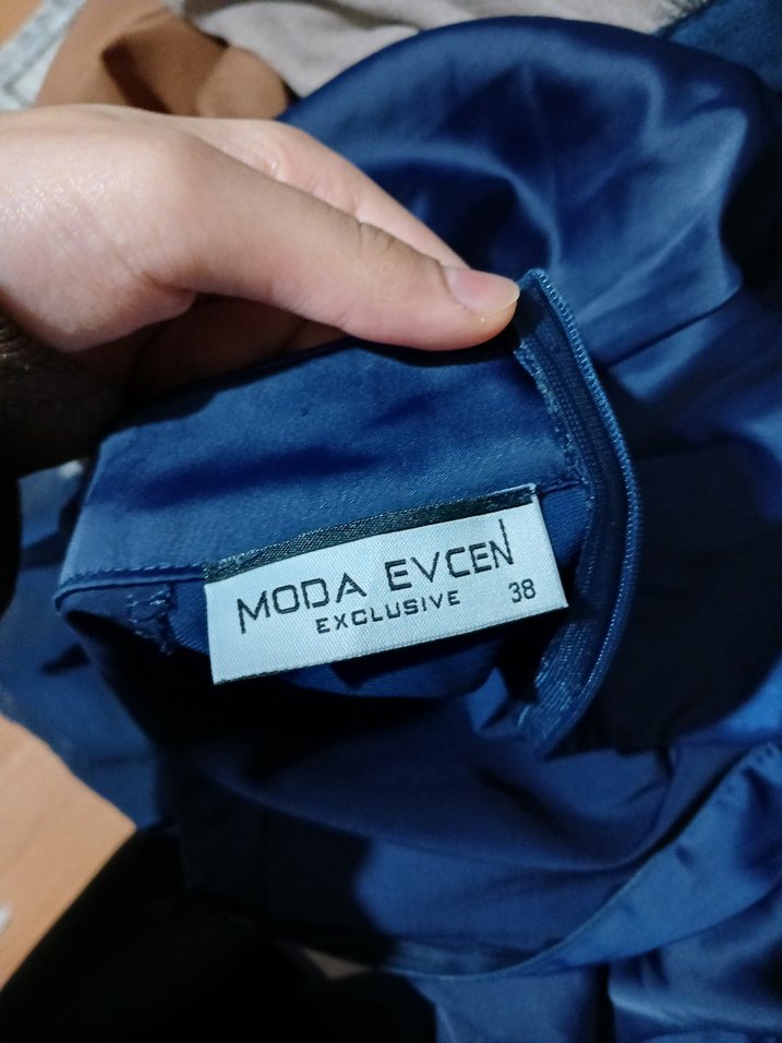 Uzun Kollu Lacivert Saten Uzun Elbise - Görsel 5