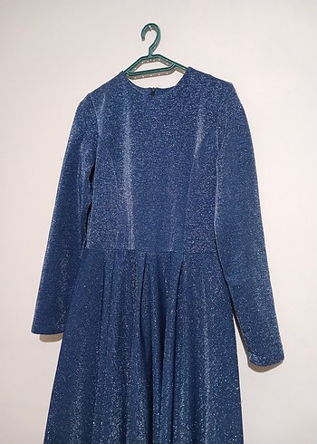 Parlak Lacivert Uzun Kollu Piliseli Abiye Elbise - Görsel 2