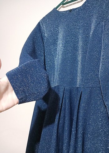 Parlak Lacivert Uzun Kollu Piliseli Abiye Elbise - Görsel 3