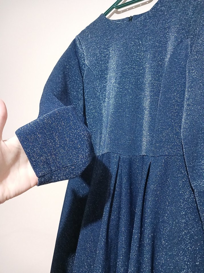 Parlak Lacivert Uzun Kollu Piliseli Abiye Elbise - Görsel 3