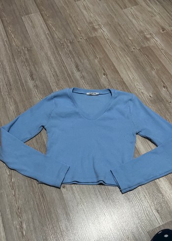 Mavi V Yakalı Uzun Kollu Kadın Triko - Görsel 2