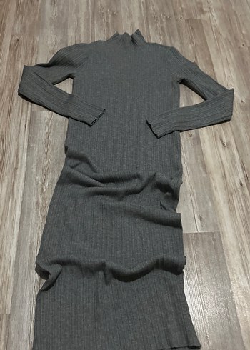 Gri Uzun Kollu Fitilli Triko Elbise - Görsel 2