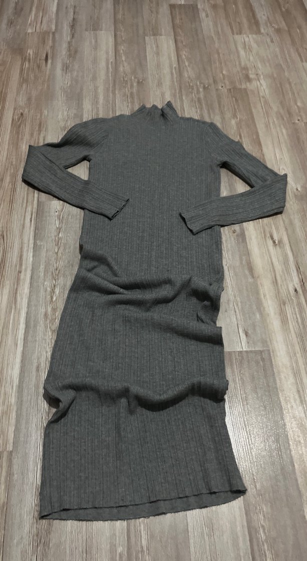 Gri Uzun Kollu Fitilli Triko Elbise - Görsel 2