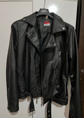 Siyah Deri Biker Ceket, Kemerli, - Görsel 5