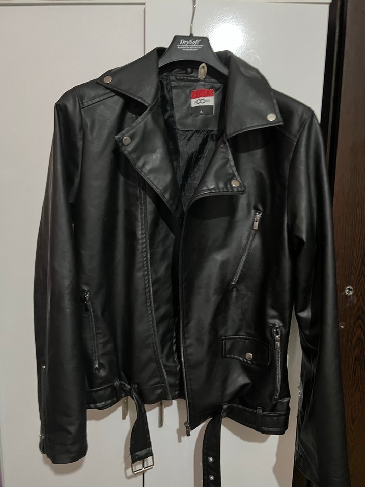 Siyah Deri Biker Ceket, Kemerli, - Görsel 5