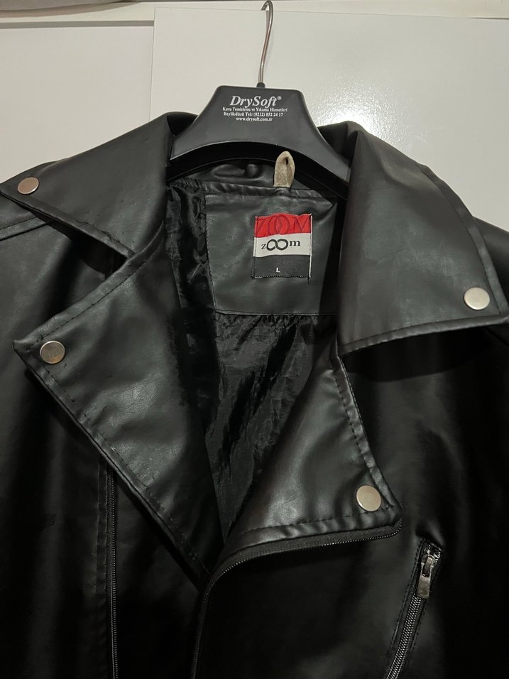 Siyah Deri Biker Ceket, Kemerli, - Görsel 3