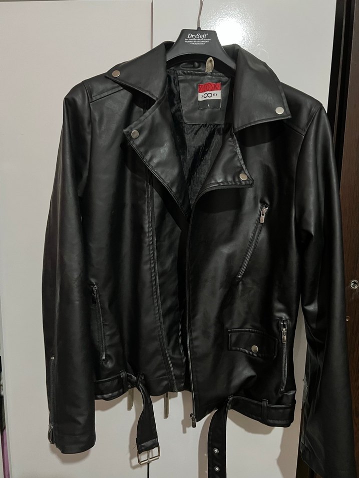 Siyah Deri Biker Ceket, Kemerli, - Görsel 2