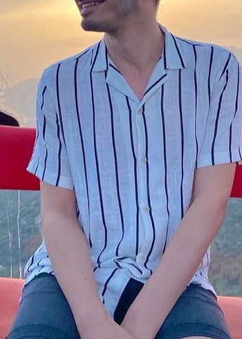 Erkek Beyaz Çizgili Kısa Kollu Gömlek - Görsel 2