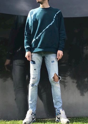 Erkek Bağlama Desenli Bol Kesim Denim Pantolon - Görsel 3