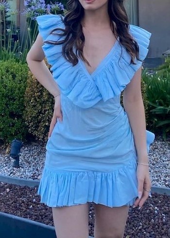 Mavi Mini Fırfırlı V Yaka Kadın Elbise - Görsel 3