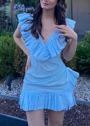 Mavi Mini Fırfırlı V Yaka Kadın Elbise - Görsel 2