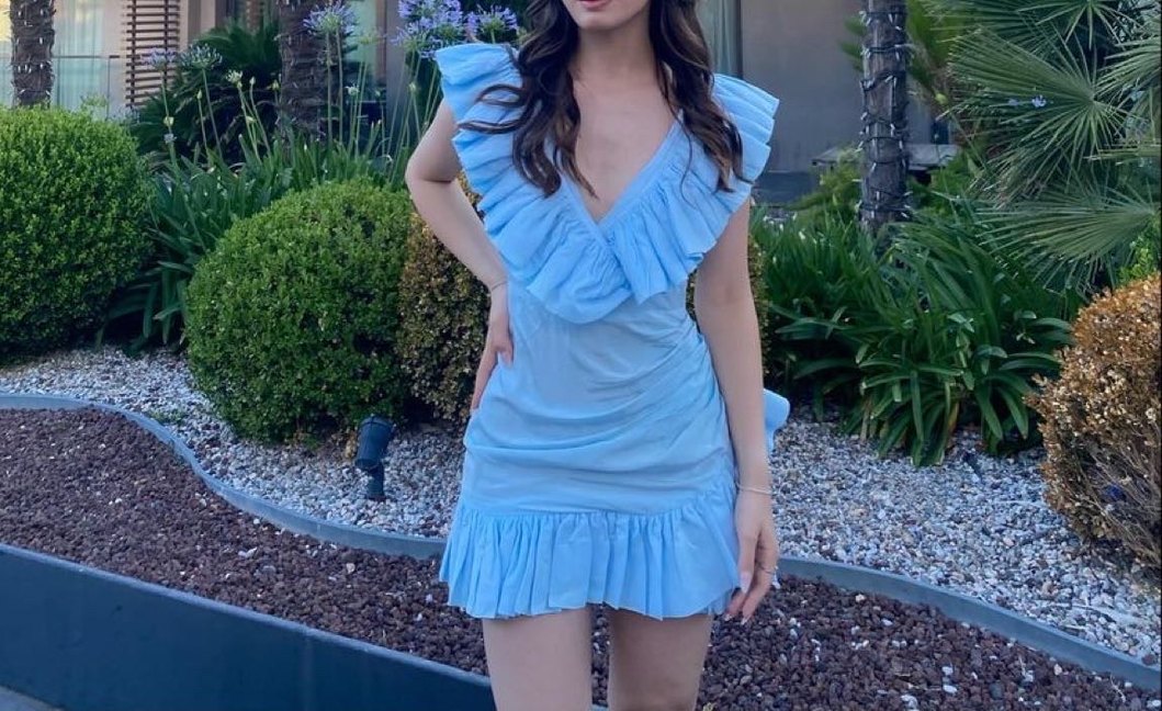 Mavi Mini Fırfırlı V Yaka Kadın Elbise - Görsel 3