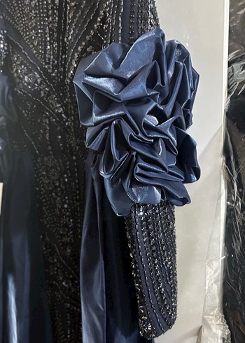 Lacivert Drapeli Uzun Kollu Kadın Abiye Elbise - Görsel 3