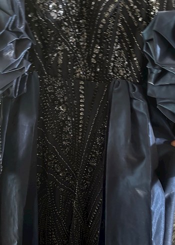 Lacivert Drapeli Uzun Kollu Kadın Abiye Elbise - Görsel 4