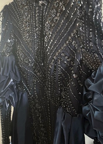 Lacivert Drapeli Uzun Kollu Kadın Abiye Elbise - Görsel 5