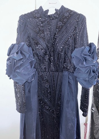 Lacivert Drapeli Uzun Kollu Kadın Abiye Elbise - Görsel 6