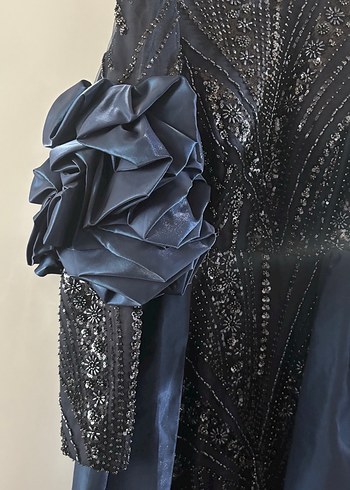 Lacivert Drapeli Uzun Kollu Kadın Abiye Elbise - Görsel 2