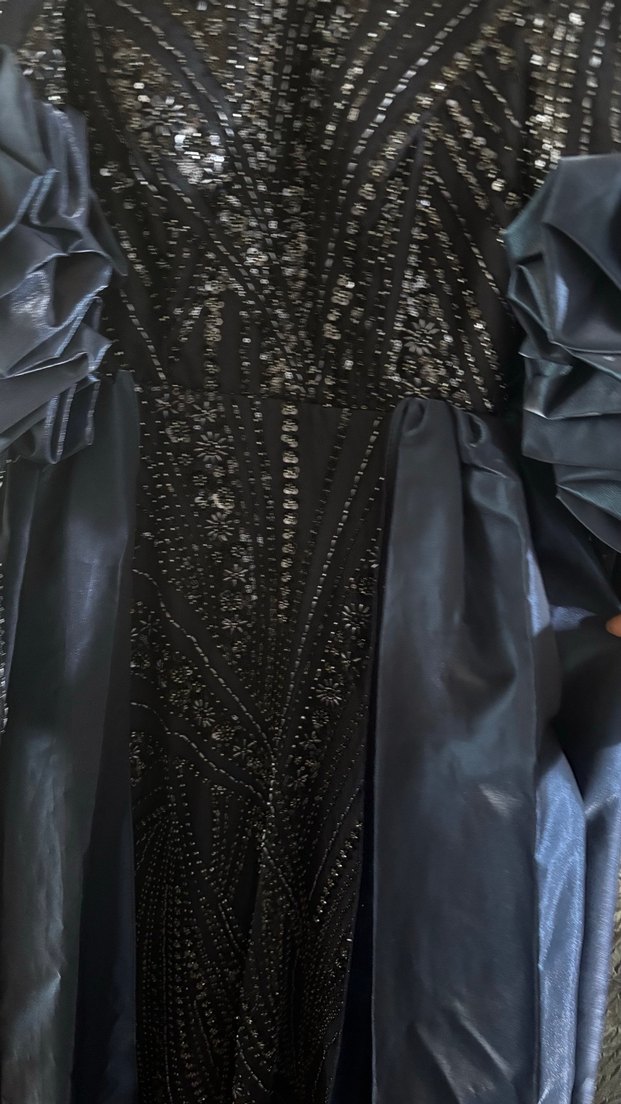 Lacivert Drapeli Uzun Kollu Kadın Abiye Elbise - Görsel 4