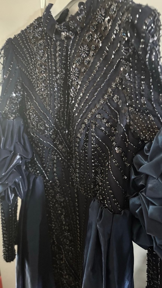 Lacivert Drapeli Uzun Kollu Kadın Abiye Elbise - Görsel 5