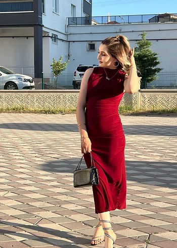 Bordo Drapeli Uzun Abiye Elbise - Görsel 2