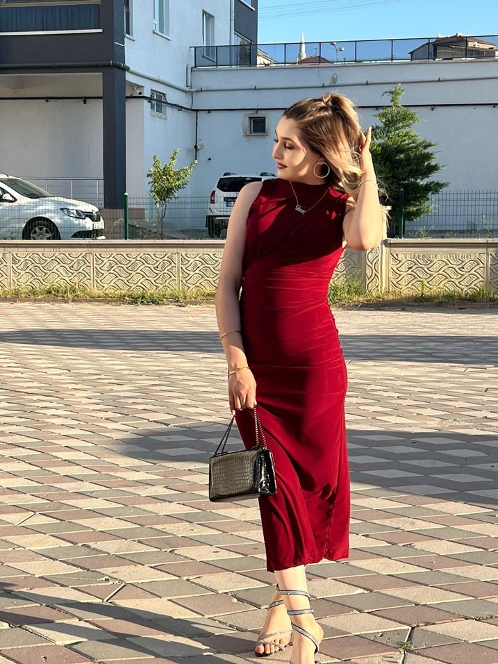 Bordo Drapeli Uzun Abiye Elbise - Görsel 2