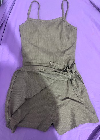 Kadın Gri Keten Kemerli Kısa Tulum - Görsel 2