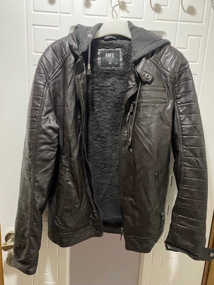 Kahverengi Deri Biker Ceket Kapüşonlu - Görsel 2