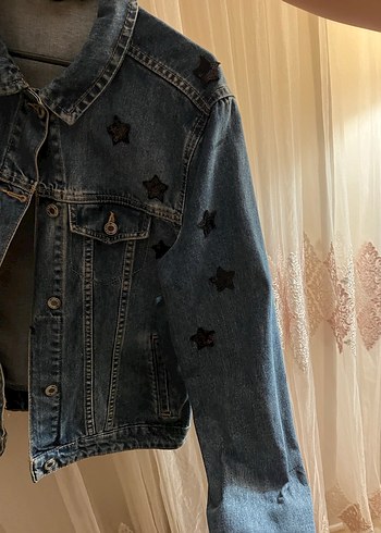 Yıldız Detaylı Kadın Mavi Denim Ceket - Görsel 4