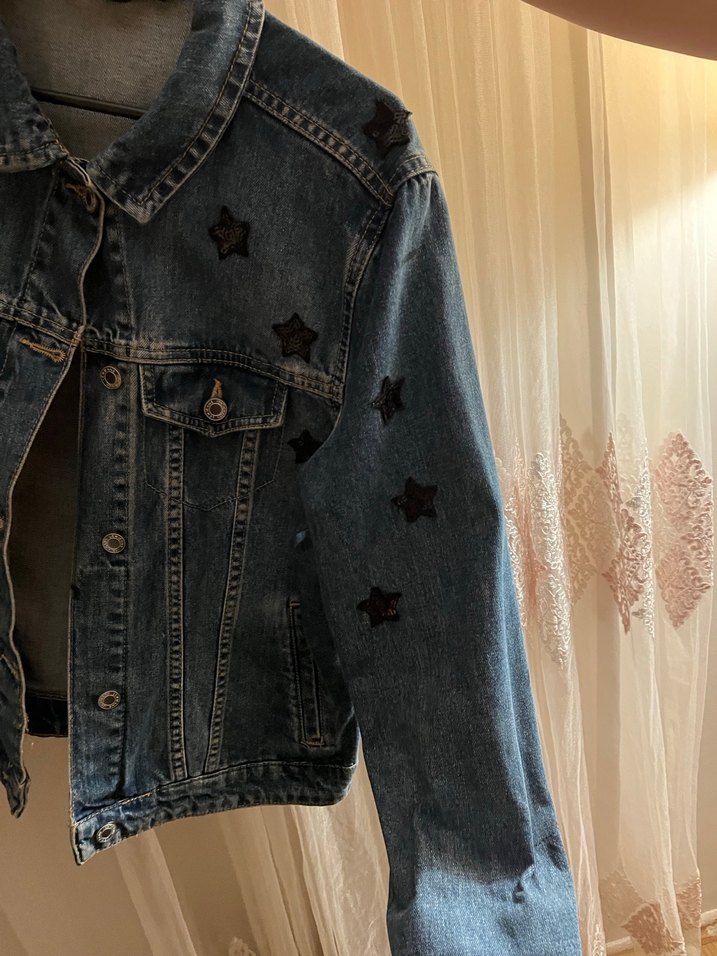 Yıldız Detaylı Kadın Mavi Denim Ceket - Görsel 4