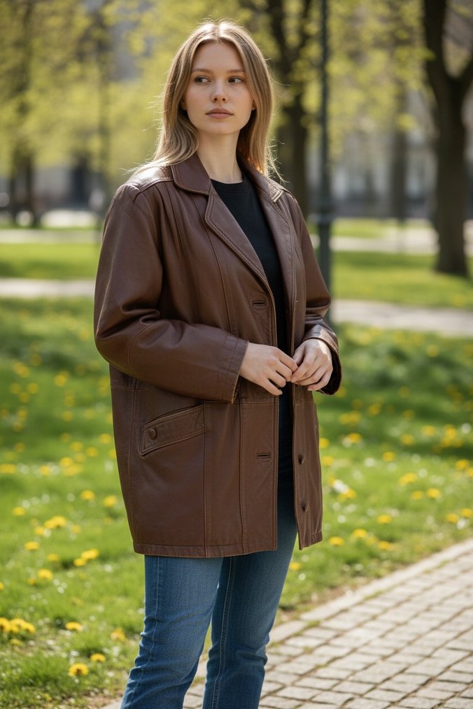 Düğmeli Kahverengi Deri Kadın Ceket - Görsel 3