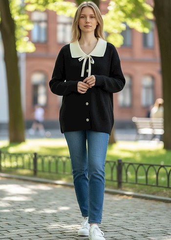 Siyah , Düğmeli Yakalı fiyonklu  Kadın Kazak - Görsel 4