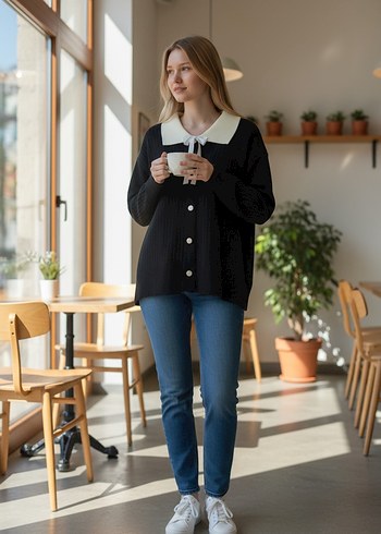 Siyah , Düğmeli Yakalı fiyonklu  Kadın Kazak - Görsel 3