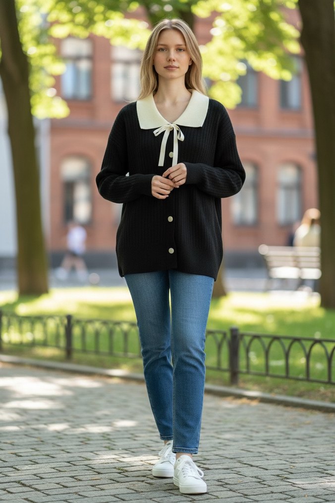 Siyah , Düğmeli Yakalı fiyonklu  Kadın Kazak - Görsel 4